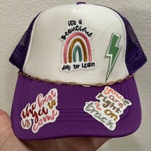 Purple and White Trucker Hat with Patches